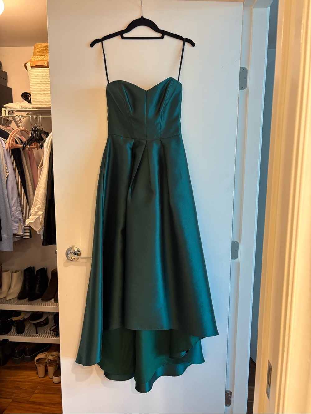 ALFRED SUNG Strapless Teal Satin High-Low Evening Dress
